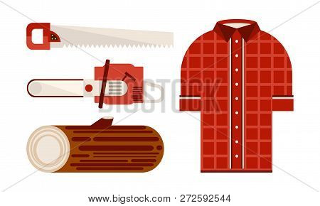 Flat Vector Set Of Icons Related To Lumberjack Theme. Checkered Shirt, Wood Log And Woodworking Tool