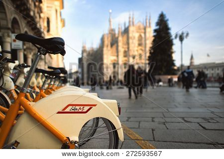Public Bicycles In The Municipality Of Milan. In Duomo Square