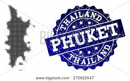 Geographic Composition Of Dot Map Of Phuket And Blue Grunge Seal Stamp Watermark. Halftone Vector Ma