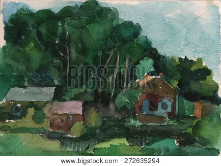 Watercolor Painting Handmade. Landscape With Houses And Trees. Rural Landscape. Rural Landscape.