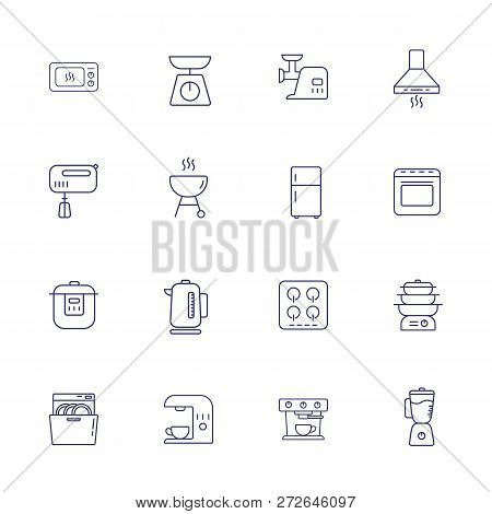 Inhouse Devices Line Icon Set. Set Of Line Icons On White Background. Soundbar, Conditioner, Fridge.