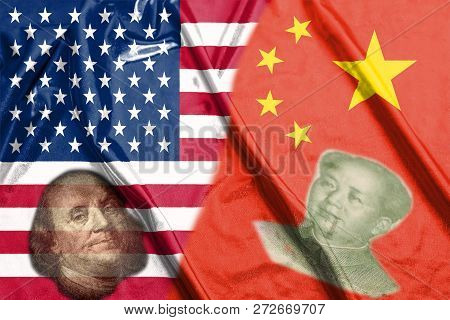 China And Usa Two Half Flags Together With Faces Of Benjamin Franklin And Mao Zedong