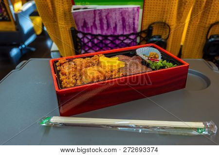 Tokyo, Japan - April 22 2018: Japanese Eki Bento (meal) On A Shinkansen Train