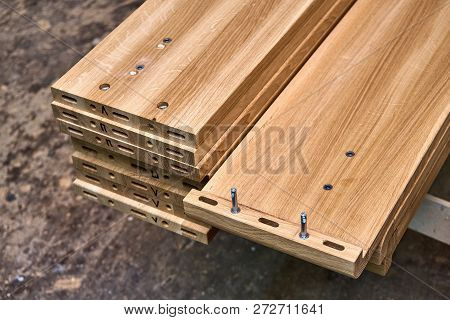 Wooden Elements Of A Double Bed. Furniture Manufacture. Close-up