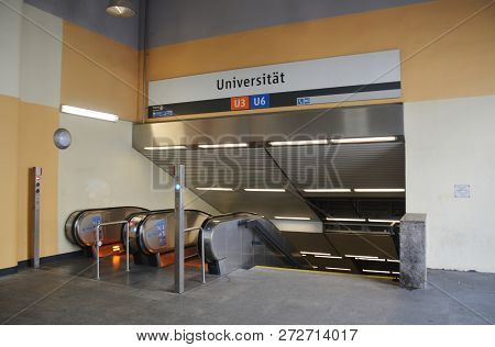 Munich, Germany - September, 2013: Entrance To The Universitat Metro Station (munich, Germany)
