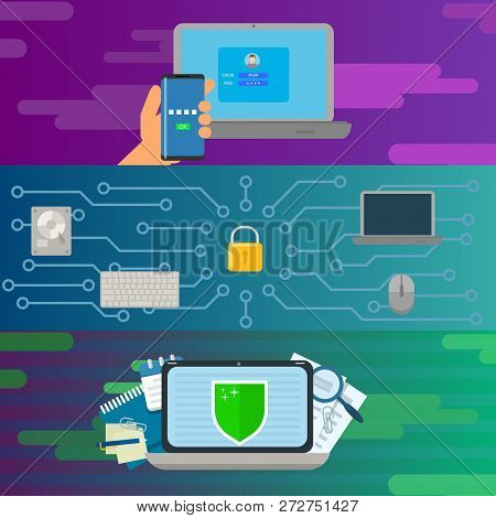 Authentification Banner Concept Set. Flat Illustration Of 3 Authentification Banner Horizontal Conce