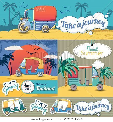 Tuk Rickshaw Thailand Banner Concept Set. Cartoon Illustration Of 4 Tuk Rickshaw Thailand Banner Hor
