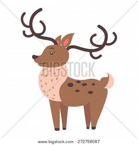 Cute Funny Horned Fallow Reindeer Vector Flat Cartoon Sticker Isolated On White. Herbivorous Animal 