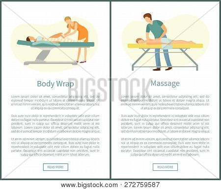 Massage And Body Wrap Spa Procedures Made By Masseur. Client Lying On Table And Relaxing Vector Web 