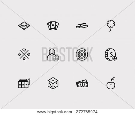 Casino Icons Set. Gamble Play And Casino Icons With Cherry, Gold And Gamble Chance. Set Of Natural F