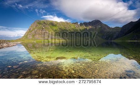 Nedre Heimredalsvatnet Lake In Eggum, Lofoten Islands, Norway.