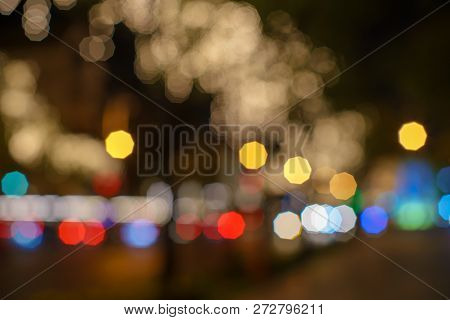 Abstract Colorful Lights Blur And Beautifu Vintagel Bokeh Enneagon Street Lights Black Background Ni