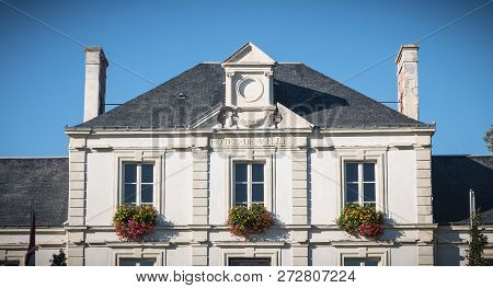 Montaigu, France - August 2, 2018: Architectural Detail Of The Town Hall Of The City On A Summer Day