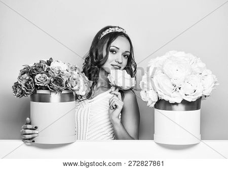 Sexy Young Pretty Woman Or Cute Smiling Girl With Crown On Head, Has Long Hair In White Dress With L