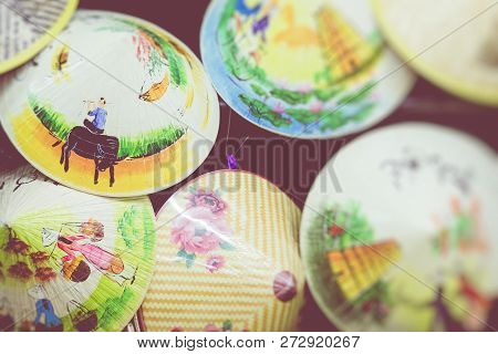 Traditional Bamboo Hats Made On Hue, Local Market. Souvernir From Vietnam.