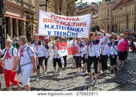 Prague, Czech Republic - July 1, 2018: People Parading At Sokolsky Slet, A Once-every-six-years Gath