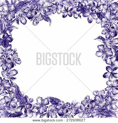 Hand Drawn Charcoal Pencil Lilac Flowers Of The Pulm Blossoms And Leaves, Petals And Buds In Vintage