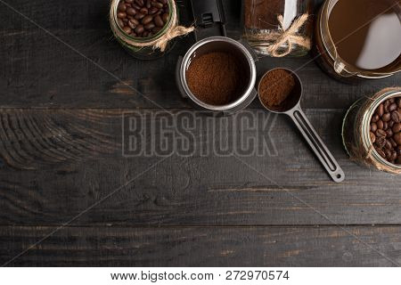 Preparation Of Coffee, Ground Coffee, Coffee Beans, On A Dark Background, Top View With Empty Space 