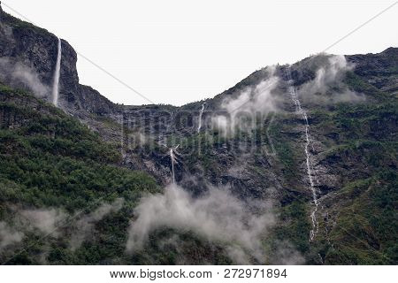Main view of Kjelfossen Waterfalls seen from Gudvangen village, Sogn og Fjordane, Norway.