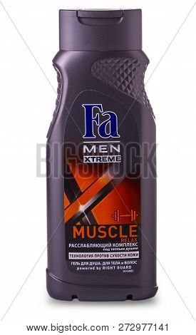 Kamchatka, Russia - Okt 26, 2018: Front View Of Fa Shampoo Foam Bath Plastic Bottle Isolated On Whit