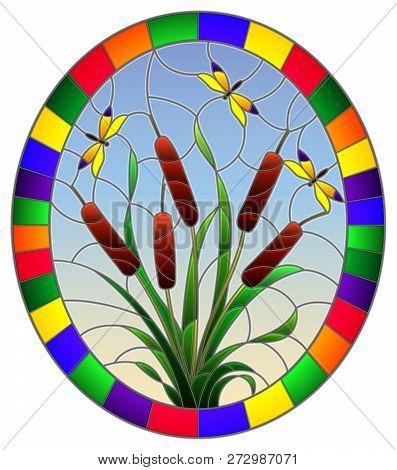 Illustration In Stained Glass Style With Bouquet Of   Bulrush And Dragonflies On A Sky Background ,r