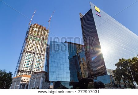 Johannesburg, South Africa, 28 November - 2018: Glass Fronted Buildings In City With Skyscraper Buil