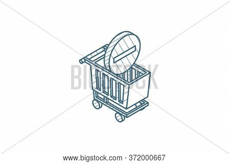 Shopping Cart And Minus Sign Isometric Icon. 3d Line Art Technical Drawing. Editable Stroke Vector