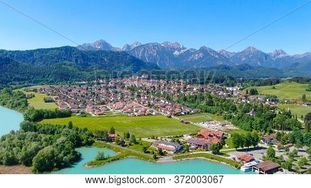 Aerial View Over The City Of Fuessen In Bavaria, Germany - Home Of The Famous Bavarian King Ludwig C