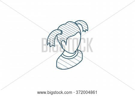 Cute Lettle Girl Avatar Isometric Icon. 3d Line Art Technical Drawing. Editable Stroke Vector