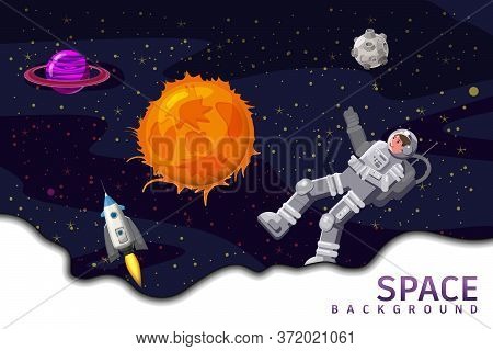 Space Card Background With Spaceman, Rocket, Sun, Planets, Stars. Austronaut Panoramic Space Templat