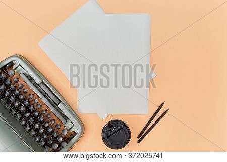 Authorship. Creative Process. Journalism. Top View Of Author Workplace. Old Typewriter, Paper Cup Of