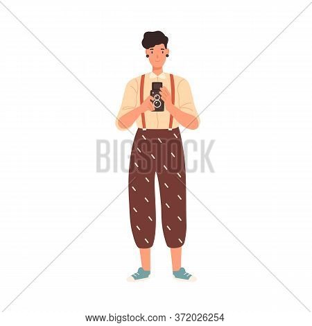 Cheerful Hipster Girl Holding Camera Take Photo Vector Flat Illustration. Funny Young Woman Photogra