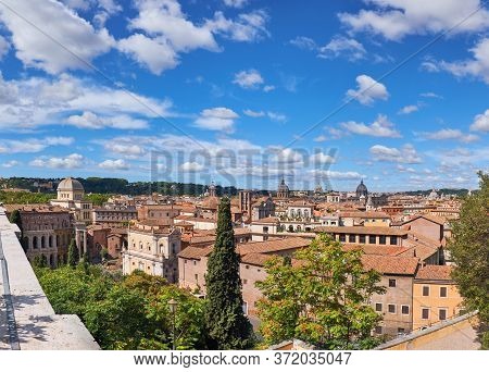 Rome, Italy, Areal View To The Side Of Capitol Hill With Rouins Of The Roman Forum On The Bright Day