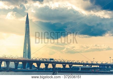 St.petersburg, Russia - 23 July 2019 - Lakhta Center Skyscraper In Saint Petersburg And Highway Brid