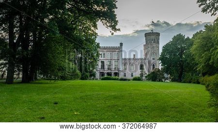 Auce, Latvia- August 2019: Town Pink Castle Architecture Building