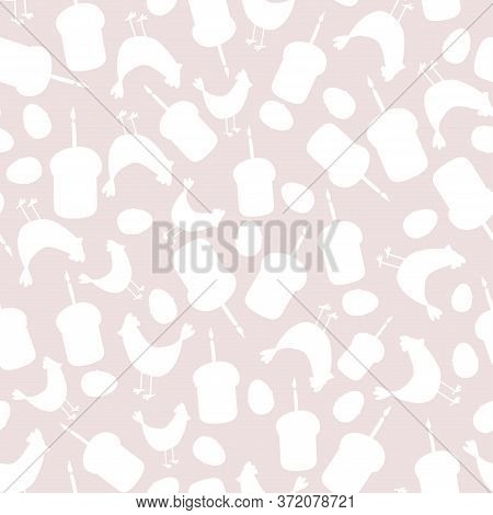 Easter Seamless Pattern. Seamless Pattern White Silhouette Easter Cakes, Chicken And Eggs On A Beige