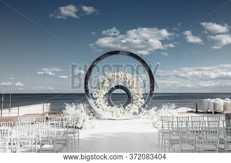 Beautiful Decorations On Wedding Celebration Ceremony Outdoors. Nature Background