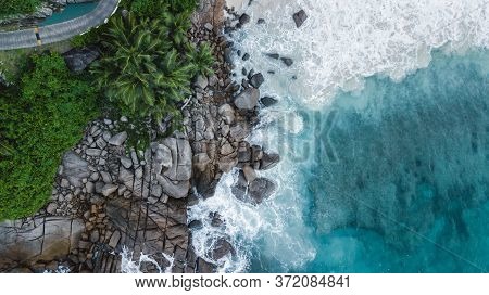 Seychelles Beach Indian Ocean From Drone, Shore And Mountains.