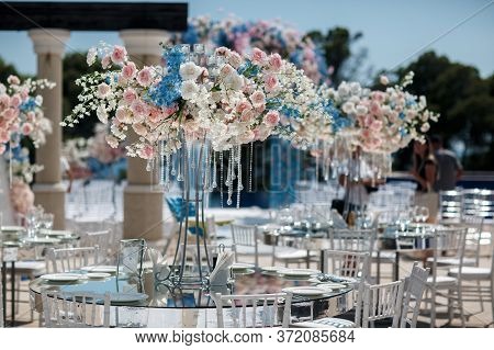 Beautiful Decorations On Wedding Celebration Ceremony Outdoors. Nature Background