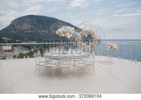 Beautiful Decorations On Wedding Celebration Ceremony Outdoors. Nature Background