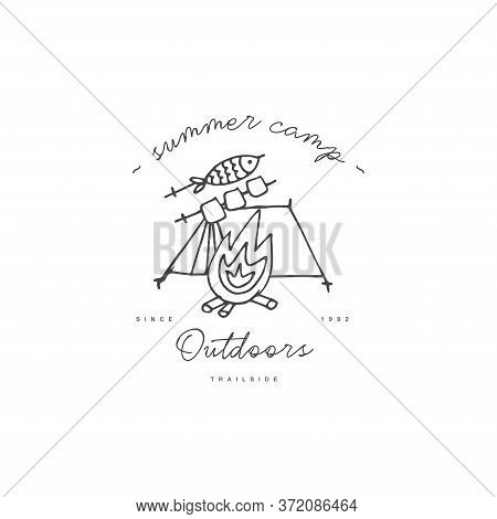 Vector Set Of Liear Camping And Hiking Icons Or Logos . Traveling Emblem Or Round Badge With Traveli