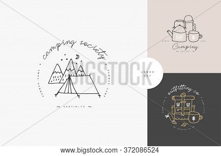 Vector Set Of Liear Camping And Hiking Icons Or Logos . Traveling Emblem Or Round Badge With Traveli