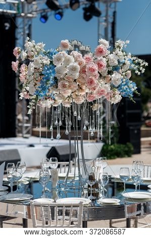 Beautiful Decorations On Wedding Celebration Ceremony Outdoors. Nature Background