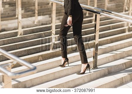 Closeup Woman Have Pain In Leg Because Wearing Highheels. Conception About Carrer And Business
