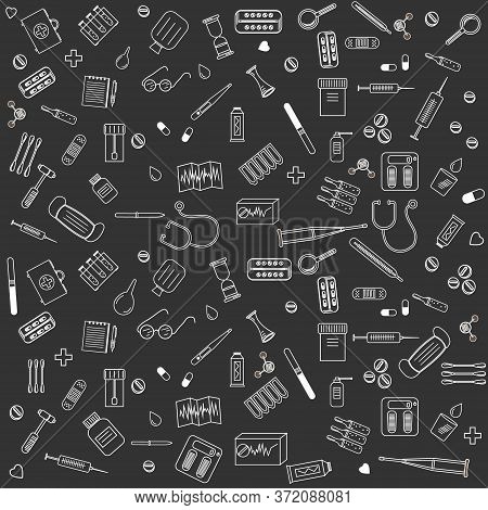 Medicine Pattern White Outline Black Background, Vector Illustration, Design, Background