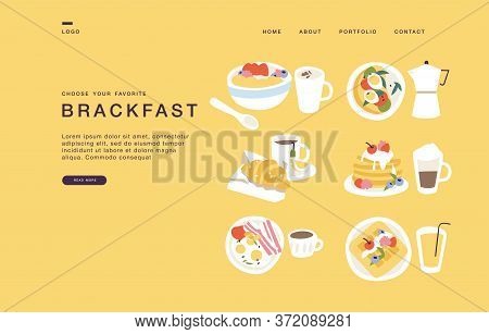 Landing Page Template For Websites With Set Of Different Breakfasts. Cocept Of Delivery Food.
