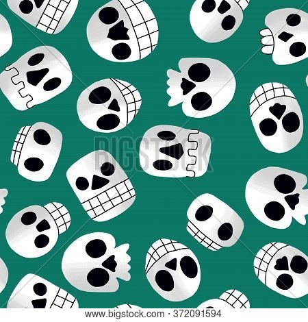 Halloween Skulls Childish Seamless Pattern. Simple Cartoon Skulls On Greenish Background. Funny Happ
