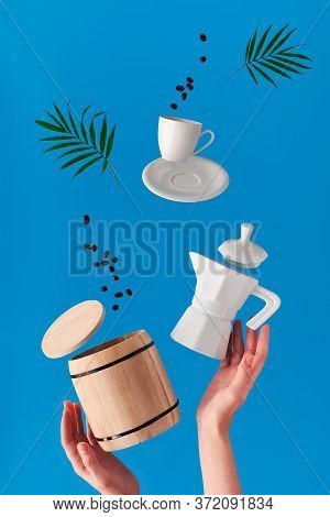Trendy Levitation Flying Coffee Beans, Espresso Cup With Saucer And Wooden Storage Barrel With Lid. 