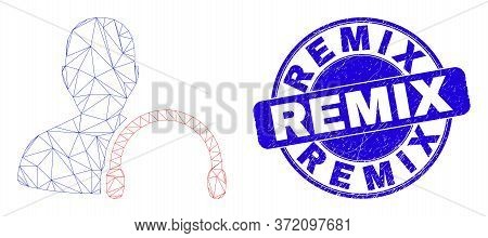 Web Mesh User Headphones Icon And Remix Seal Stamp. Blue Vector Round Distress Seal Stamp With Remix