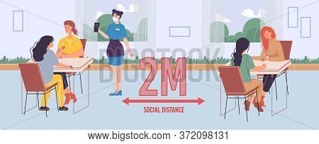 People Keep Two Meter Social Distance In Cafe. Man Woman Couple, Friends Sitting Separately. Safe Re